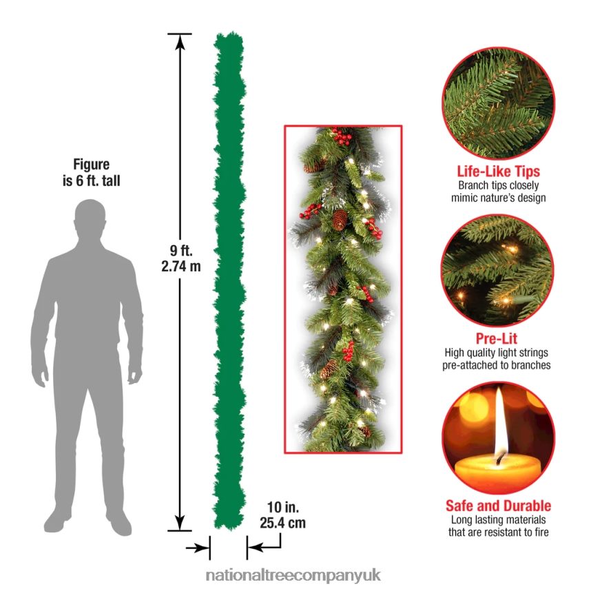 Greenery | National Tree Company Pre-Lit Artificial Christmas Garland Green Crestwood Spruce White Lights Decorated with Pine Cones Berry Clusters Battery Operated Christmas Collection 9 Feet